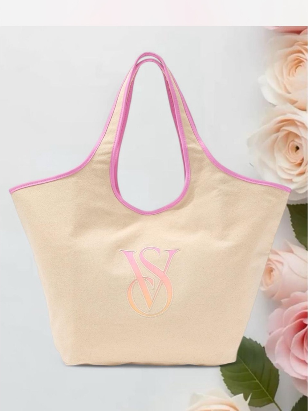 Victoria's Secret Cream Tote with Pink Trim
